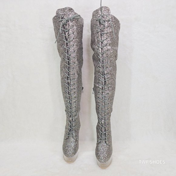 Bulls Silver Glitter Lace Up OTK Platform High Heel Thigh Boot - Picture 8 of 17